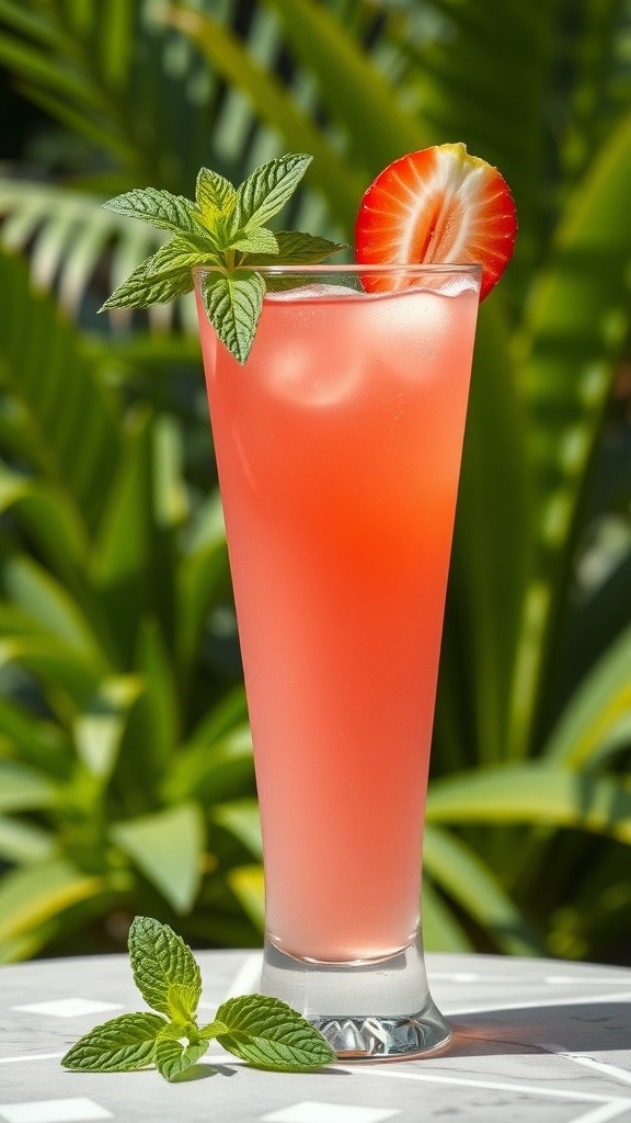 A glass of strawberry coconut water drink with mint garnish, served over ice in a sunny outdoor setting.